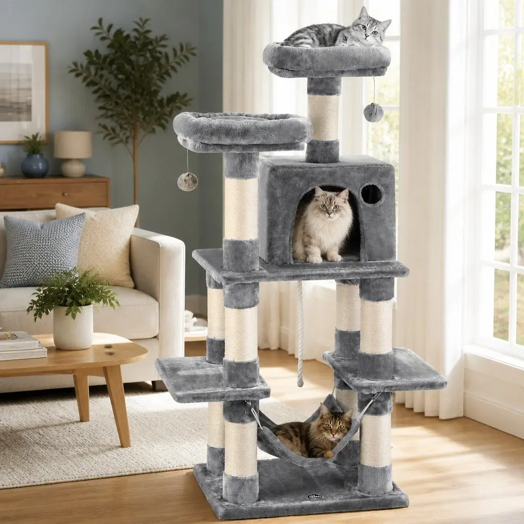 Cat Tree Light Grey 145cm Multi-Level Scratching Post Condo House
