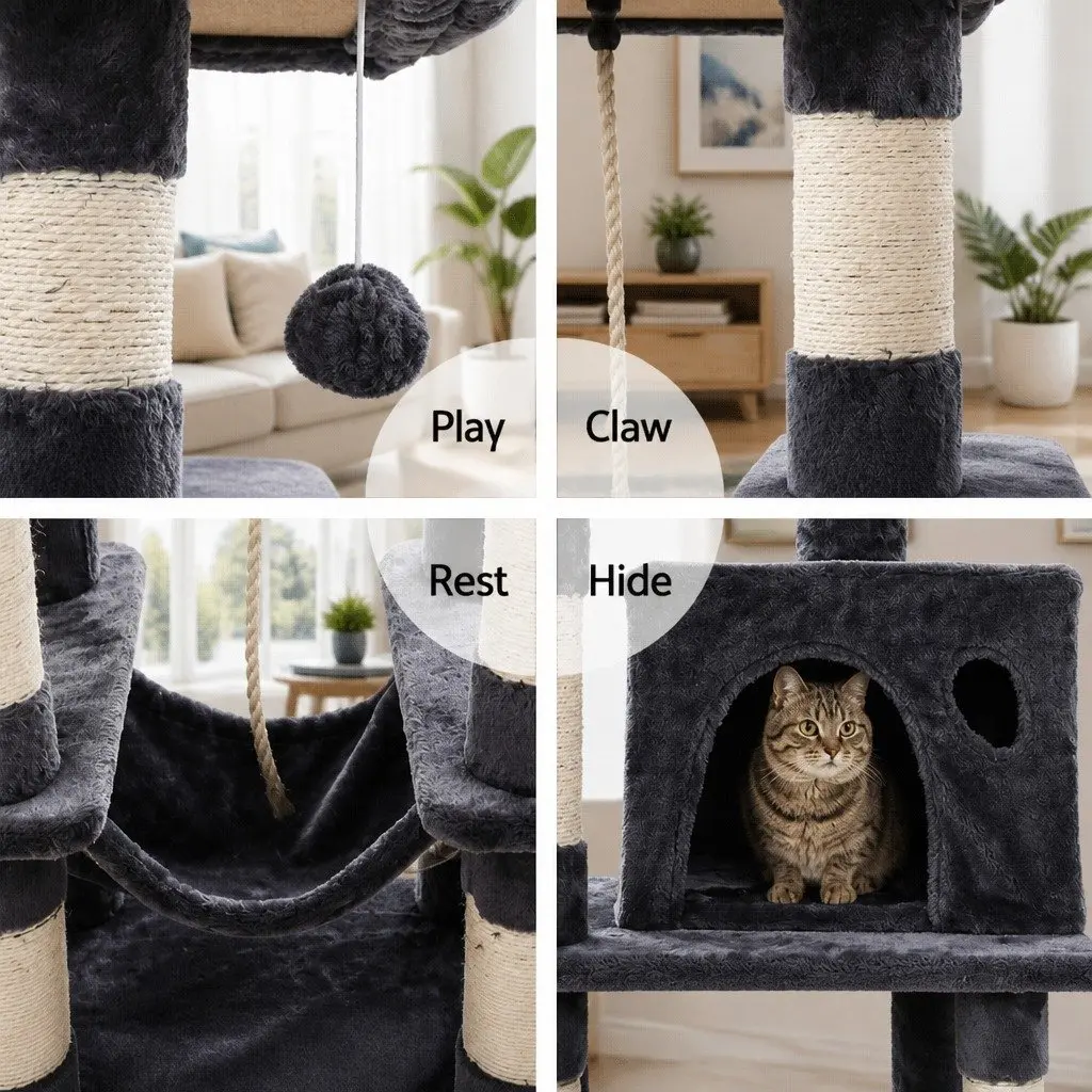 Cat Tree Grey 145cm Multi-Level Scratching Post Condo House with Sisal-Wrapped Posts and Plush Cover