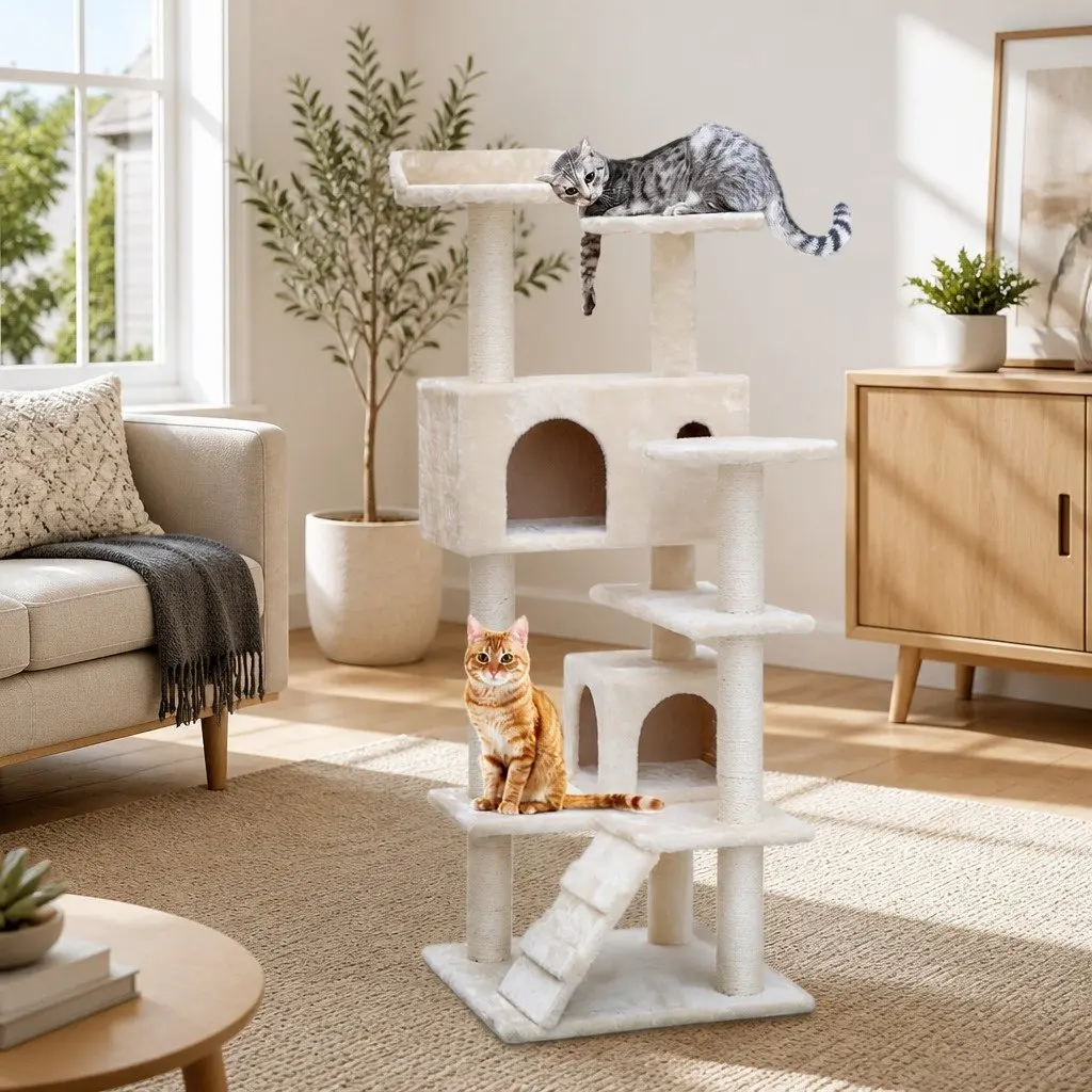 Cat Tree Beige 134cm Multi-Level Wooden Scratching Post Condo House Bed