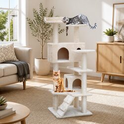 Cat Tree 134cm Tower Scratching Post Condo House Bed Multi-Level Beige Wooden