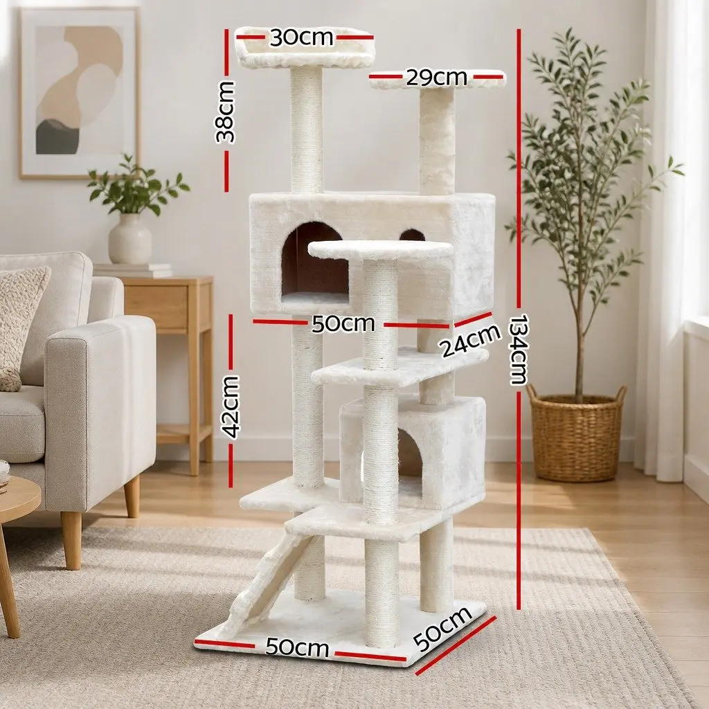 Cat Tree Beige 134cm Multi-Level Wooden Scratching Post Condo House Bed