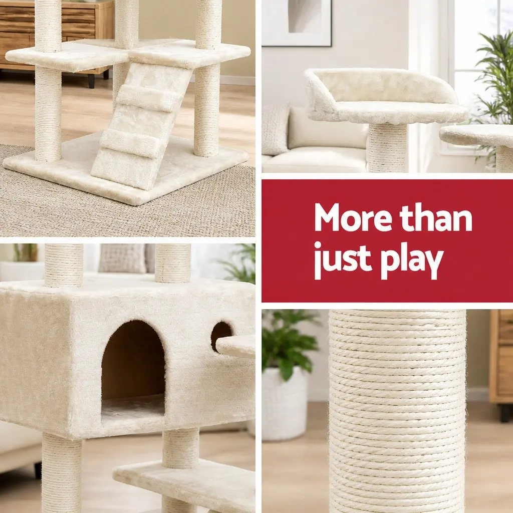 Cat Tree Beige 134cm Multi-Level Wooden Scratching Post Condo House Bed