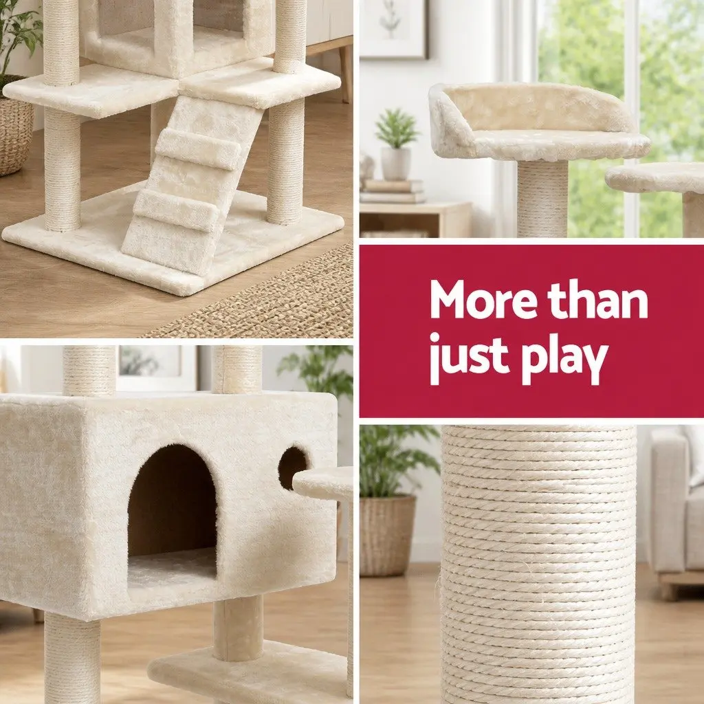 Cat Tree Beige 134cm Multi-Level Wooden Scratching Post Condo House Bed