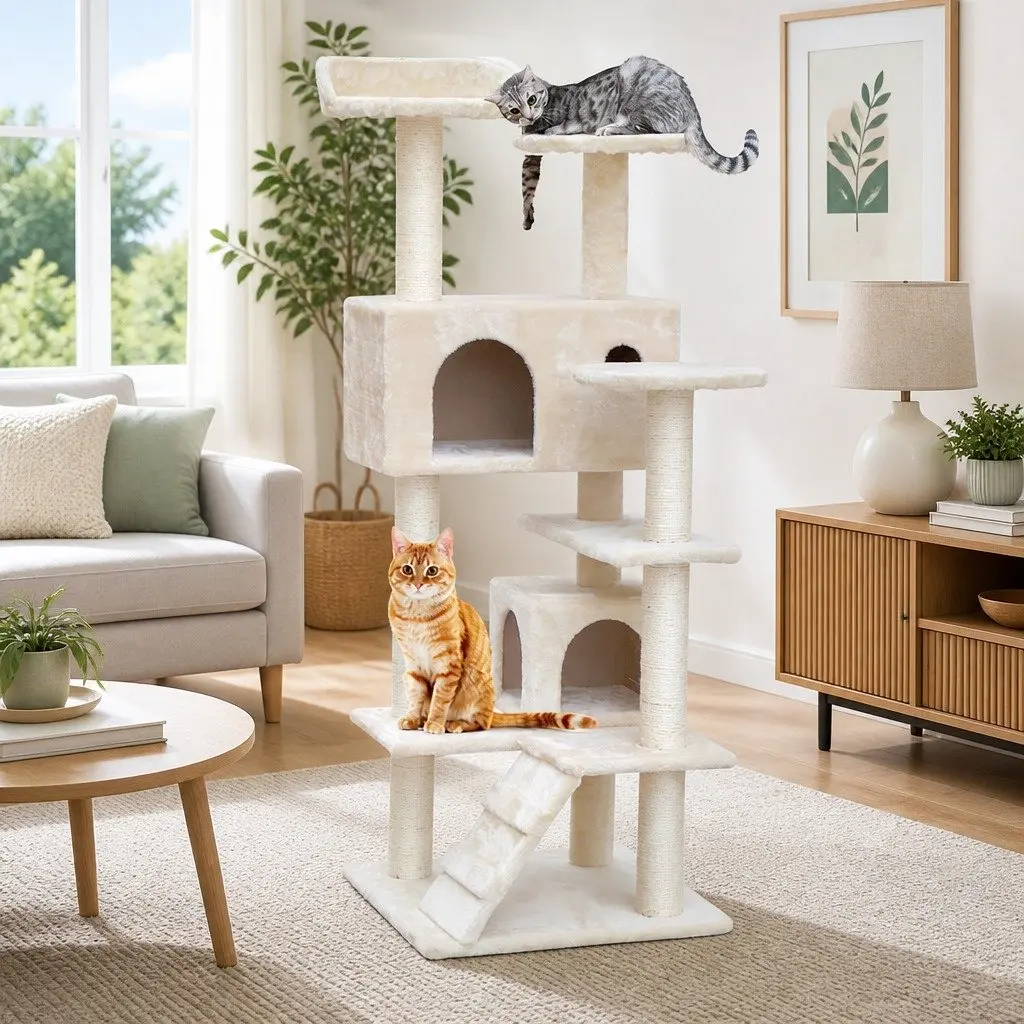 Cat Tree Beige 134cm Multi-Level Wooden Scratching Post Condo House Bed