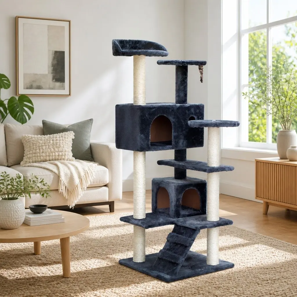 Cat Tree Grey 134cm Tall Multi-level Scratching Post Tower Wooden Condo House with Plush Bed