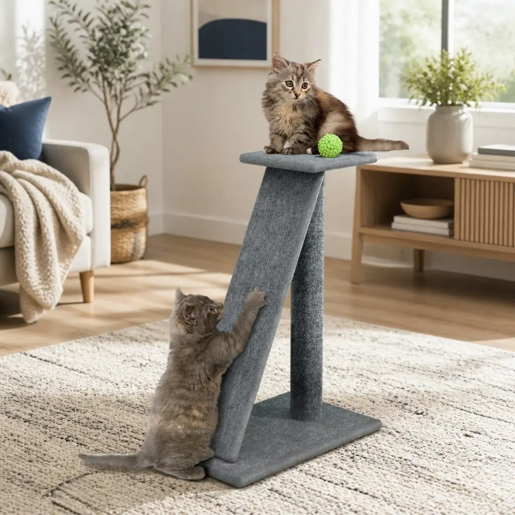Cat Scratching Post Grey 82cm Multi-Level Tower with Ramp and Elevated Perch