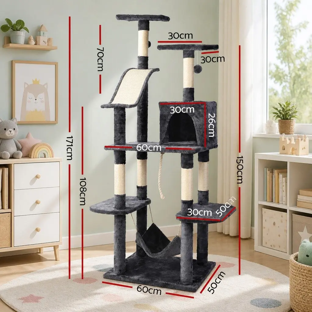Cat Tree Dark Grey 171cm Tall Multi-Level Scratching Post Tower with Bed Cube Hammock and Rope Toys