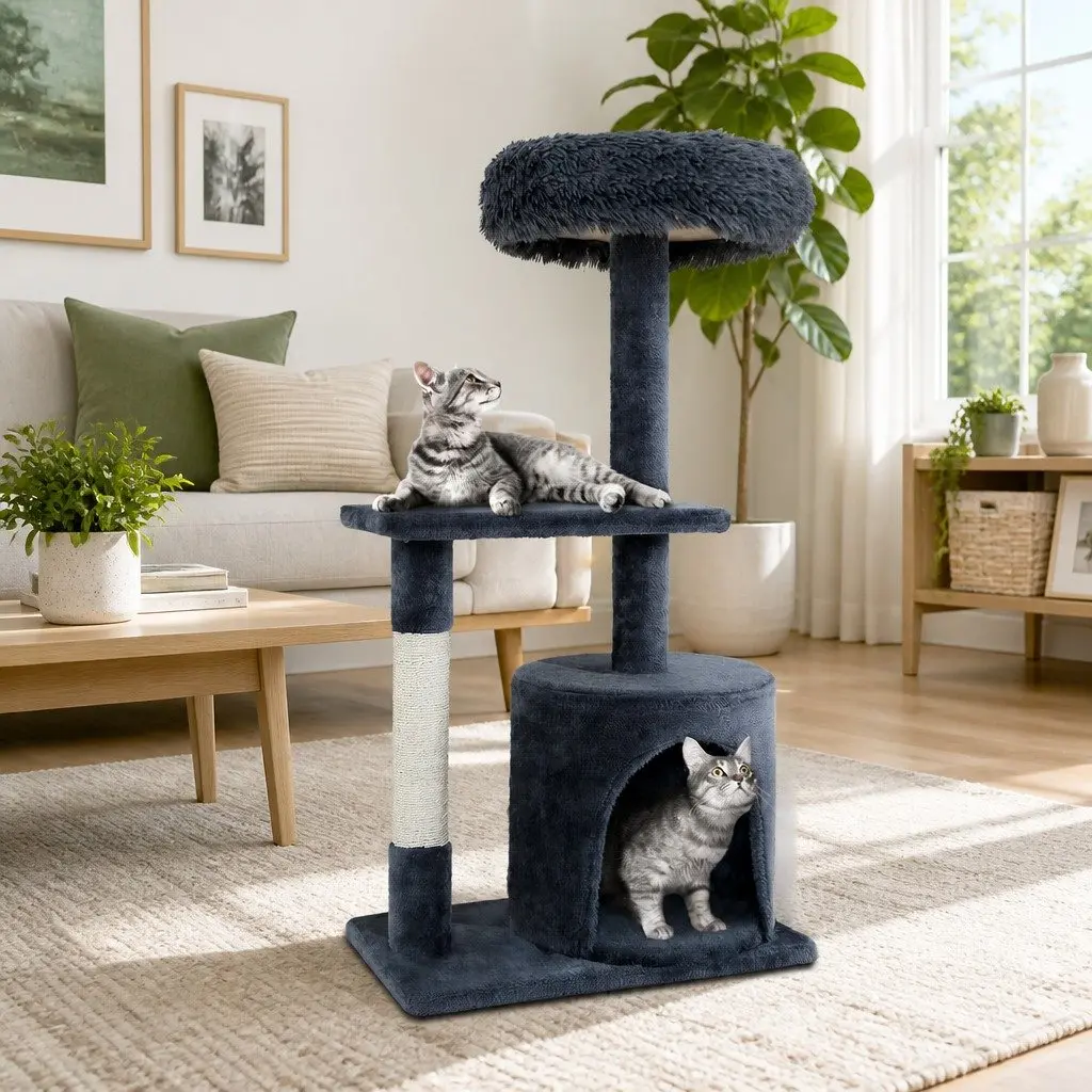 Cat Tree 94cm Scratching Post Tower Condo House Multi-Level Play Climbing Grey
