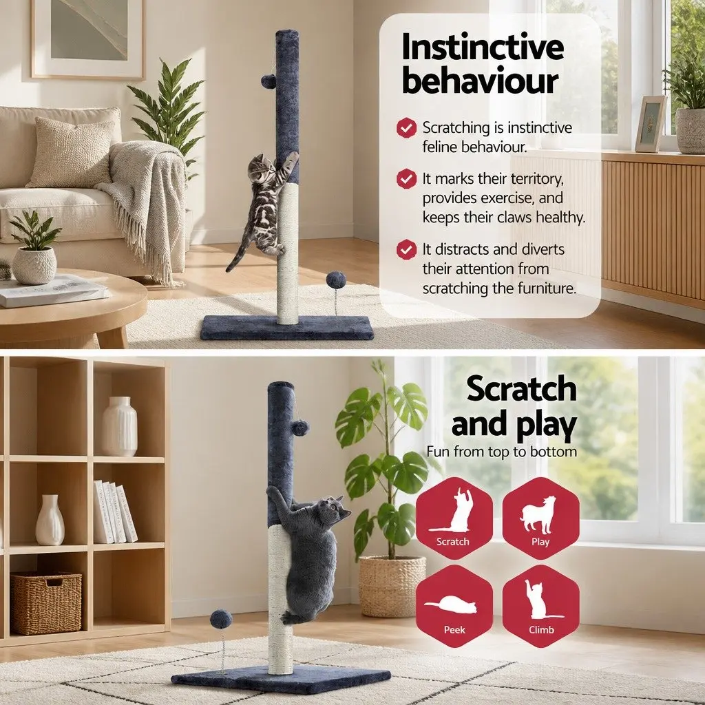 Cat Tree Grey 105cm Scratching Post Tower Condo House Plush Velvet