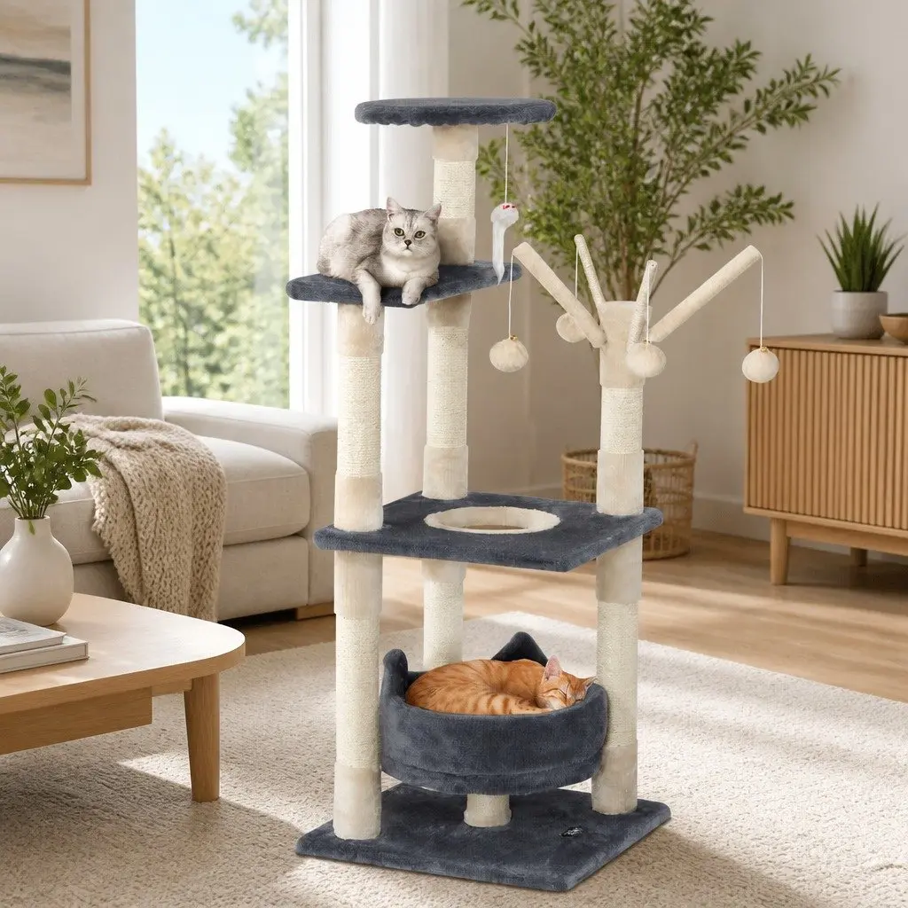 Cat Tree 110cm Tower Scratching Post Condo House with Toys Grey Wood Multi-Level