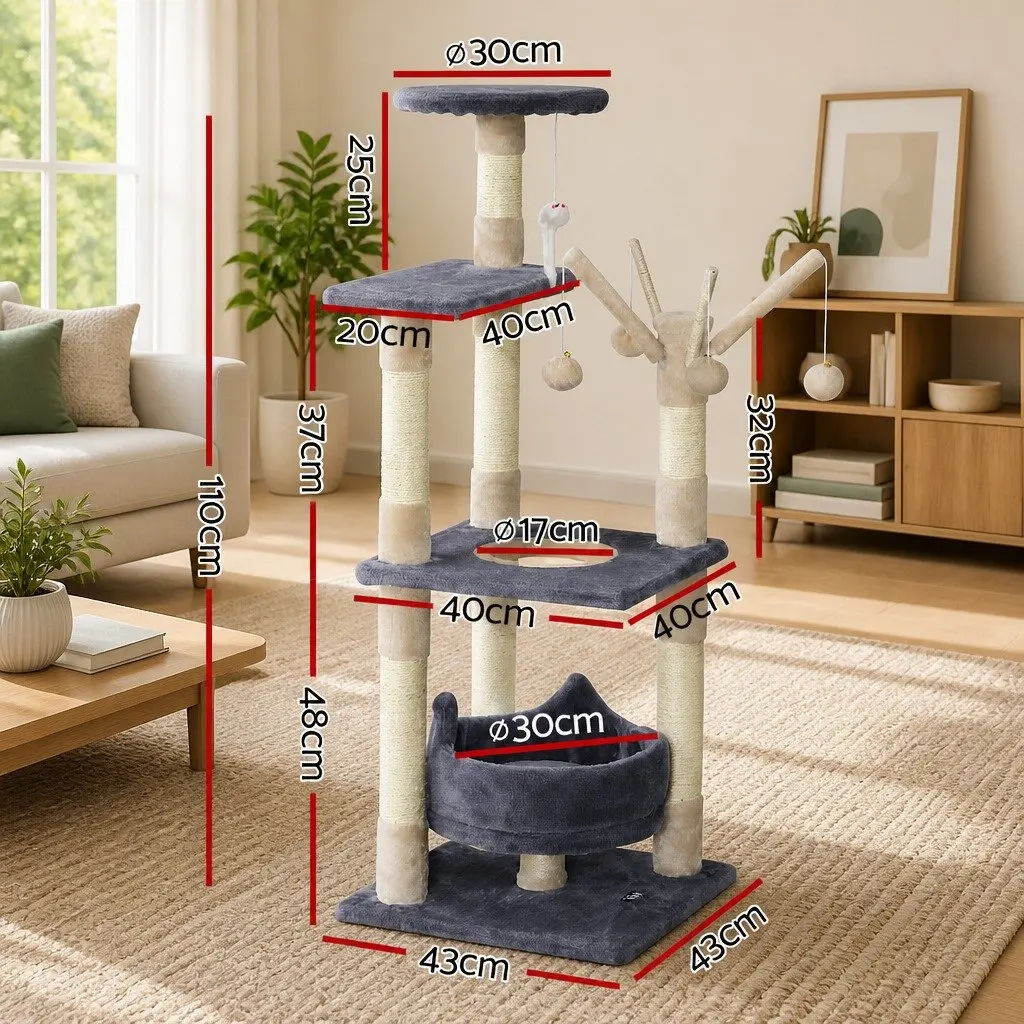 Cat Scratching Post Grey 110cm Multi-Level Tower with Play Cubicles Hanging Toys and Sisal-Wrapped Posts