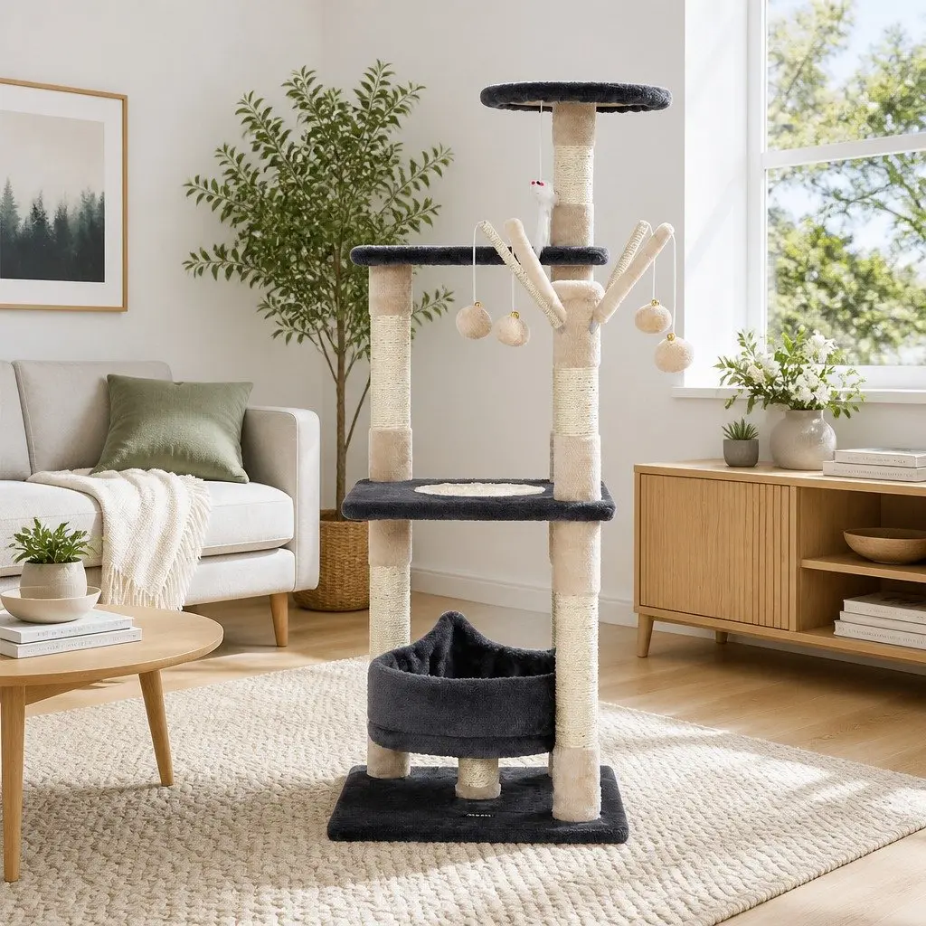 Cat Scratching Post Grey 110cm Multi-Level Tower with Play Cubicles Hanging Toys and Sisal-Wrapped Posts