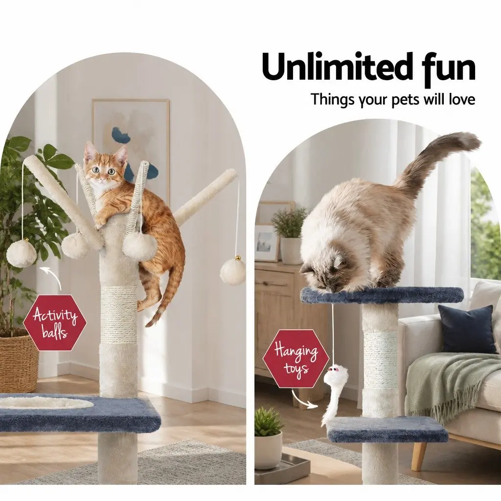 Cat Scratching Post Grey 110cm Multi-Level Tower with Play Cubicles Hanging Toys and Sisal-Wrapped Posts