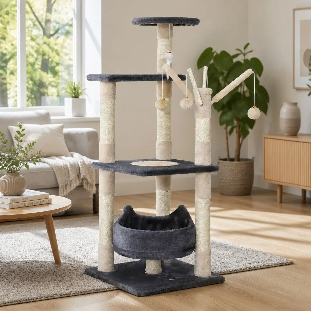 Cat Scratching Post Grey 110cm Multi-Level Tower with Play Cubicles Hanging Toys and Sisal-Wrapped Posts