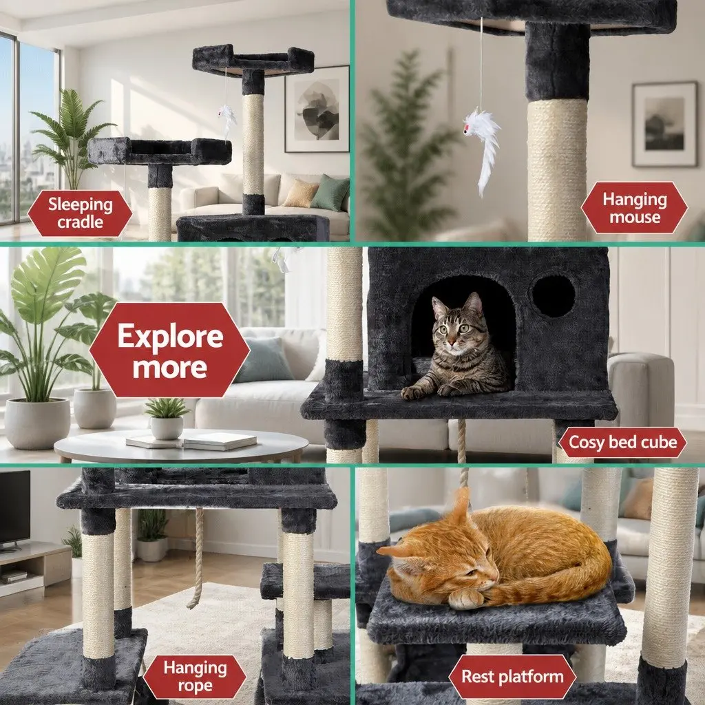 Cat Scratching Post Grey 184cm Multi-Level Climbing Tower Tree Condo Bed House