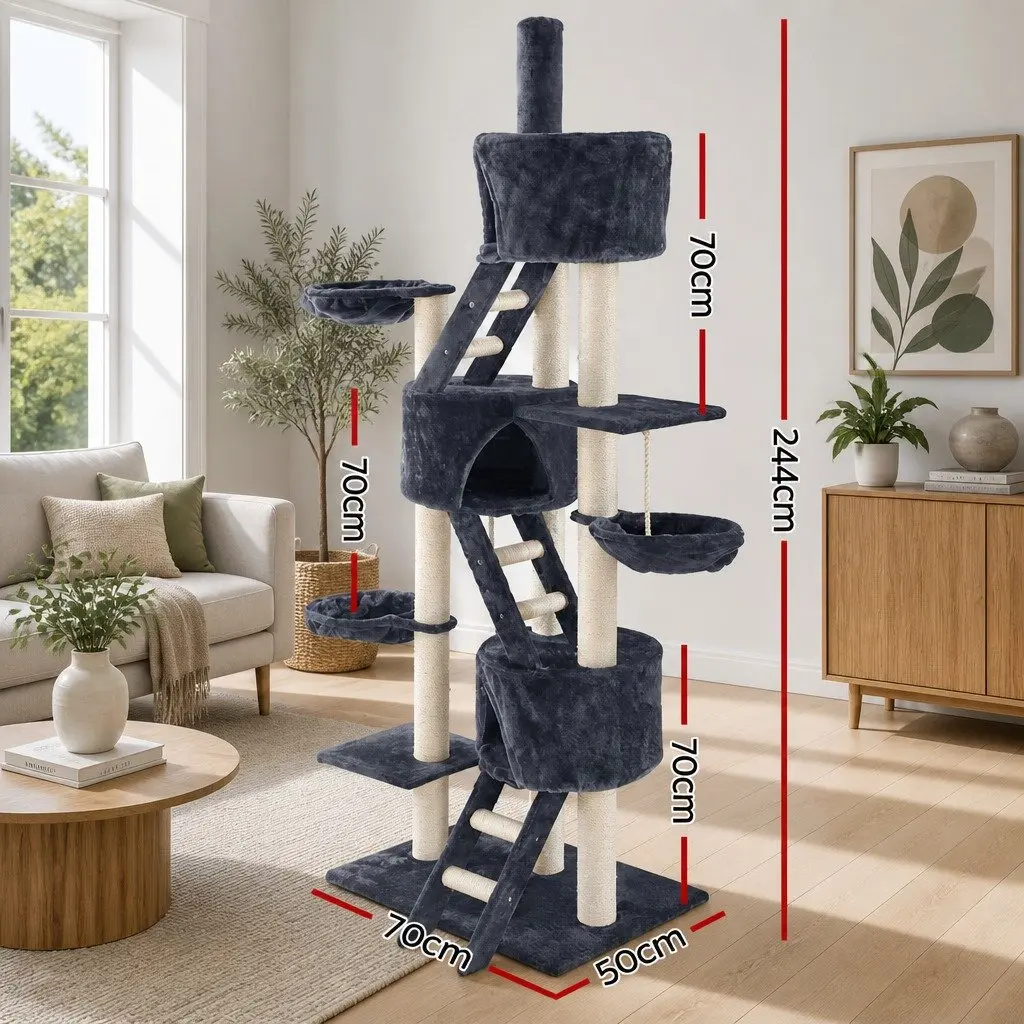 Cat Tree Grey 244cm Tall Multi-Level Scratching Post Tower Condo House