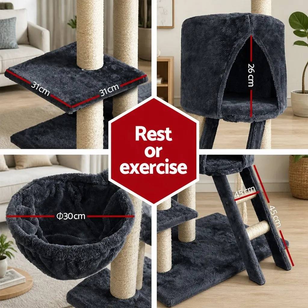 Cat Tree Grey 244cm Tall Multi-Level Scratching Post Tower Condo House