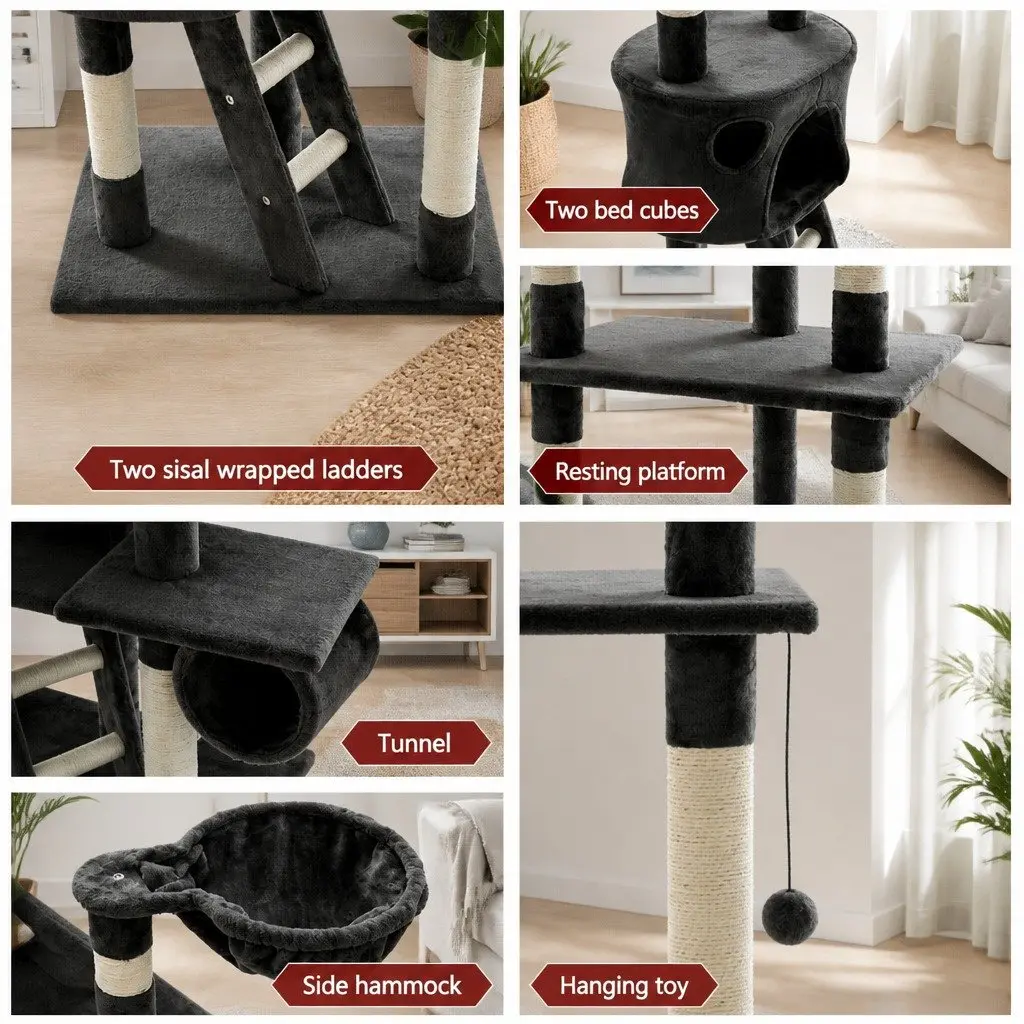 Cat Tree Grey 260cm Multi-Level Tower Scratching Post Condo House