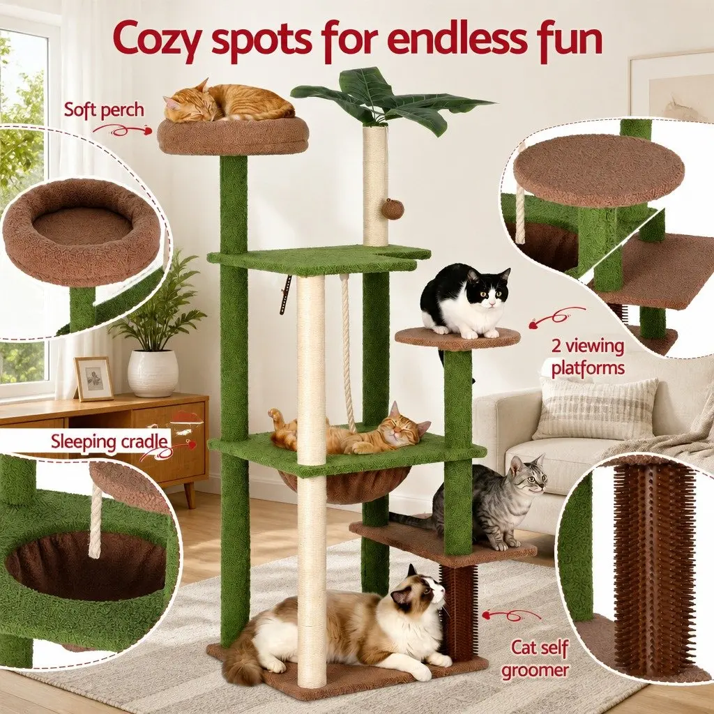 Cat Tree Tower Green Brown 152cm Multi-Level Scratching Post with Jungle Canopy and Interactive Elements