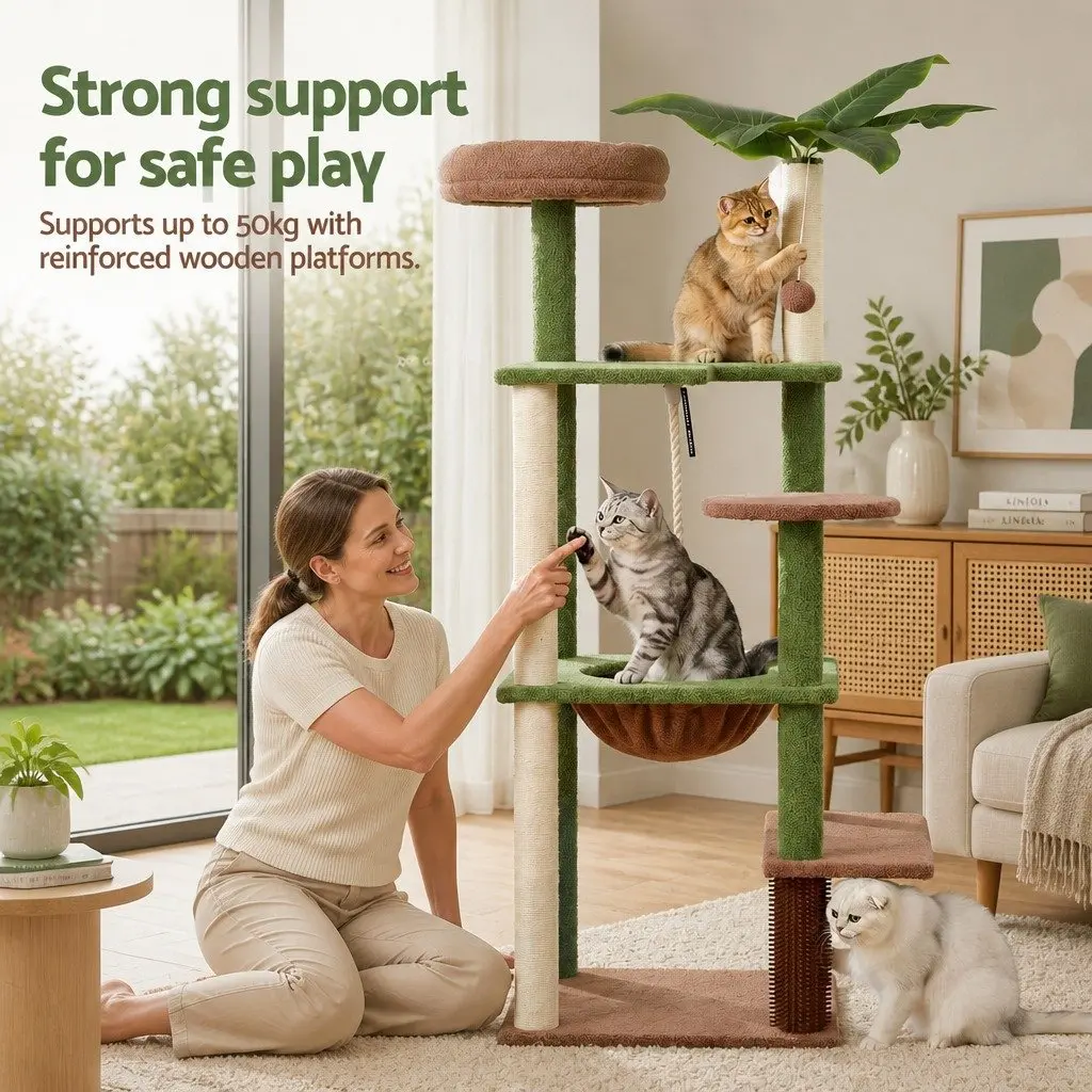 Cat Tree Tower Green Brown 152cm Multi-Level Scratching Post with Jungle Canopy and Interactive Elements