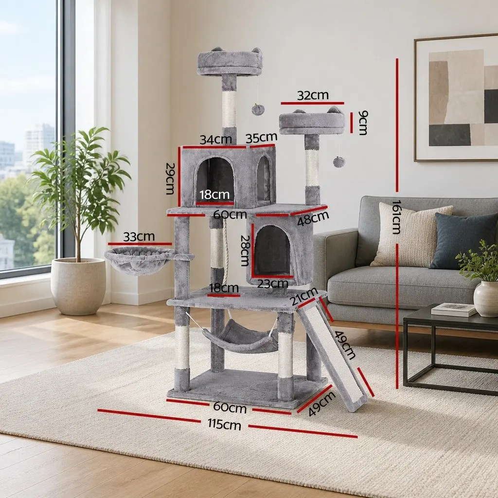 Cat Tree Tower Grey 161cm Multi-Level Scratching Post with Hammock and Sleeping Cradle