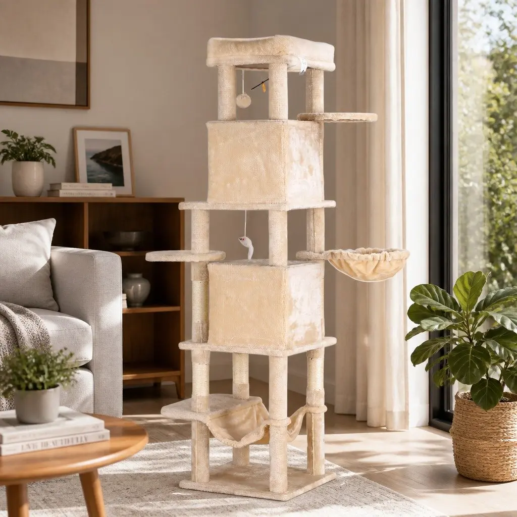 Cat Tree Tower Beige 167cm Multi-Level Furniture with Scratching Posts and Interactive Toys