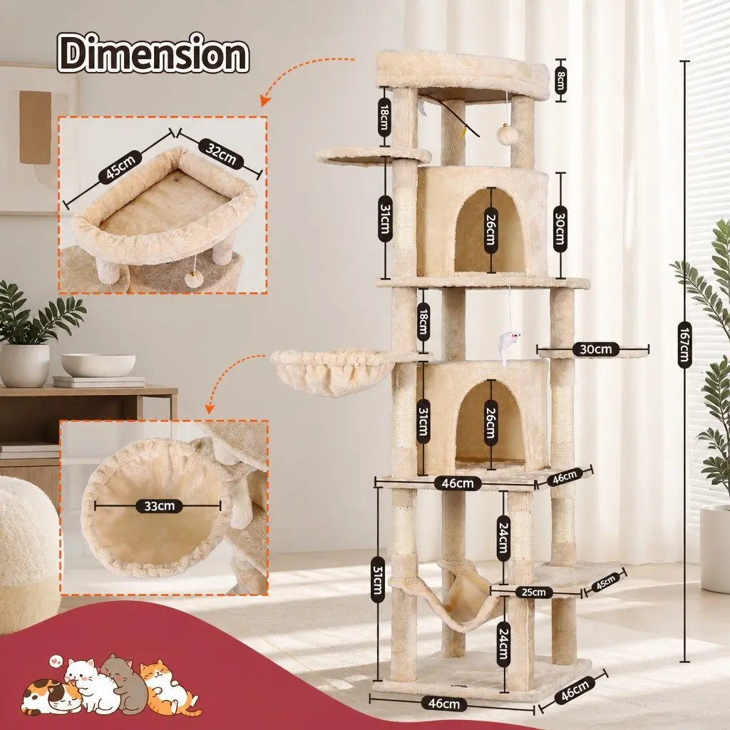 Cat Tree Tower Beige 167cm Multi-Level Furniture with Scratching Posts and Interactive Toys