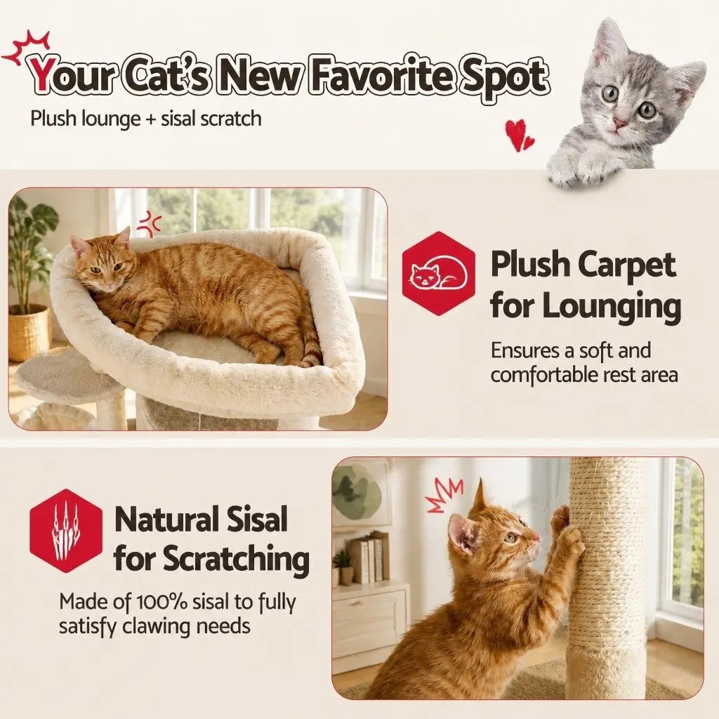Cat Tree Tower Beige 167cm Multi-Level Furniture with Scratching Posts and Interactive Toys