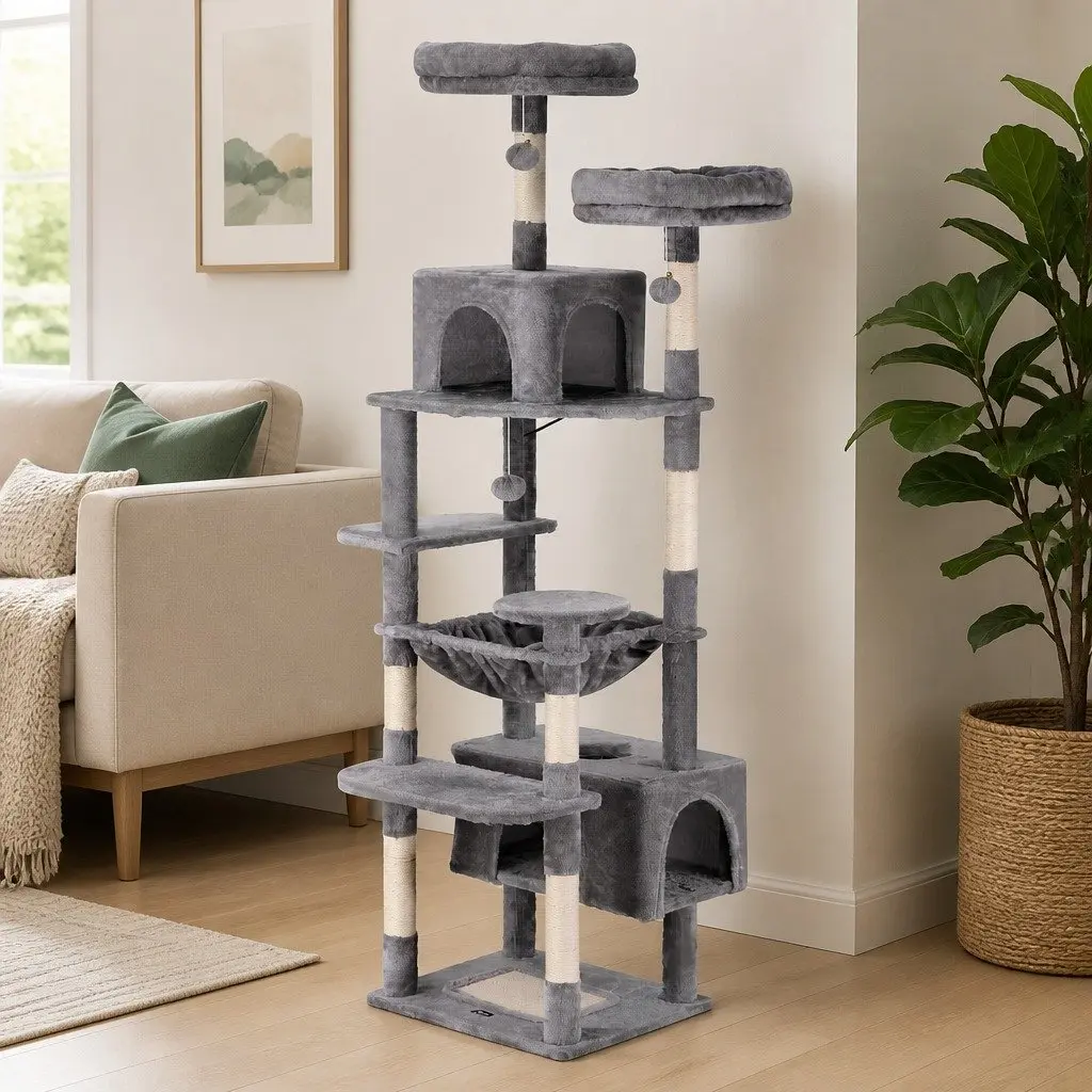 Cat Tree Light Grey 184cm Tall Multi-Level Scratching Post Tower with Plush Cover and Sisal Posts