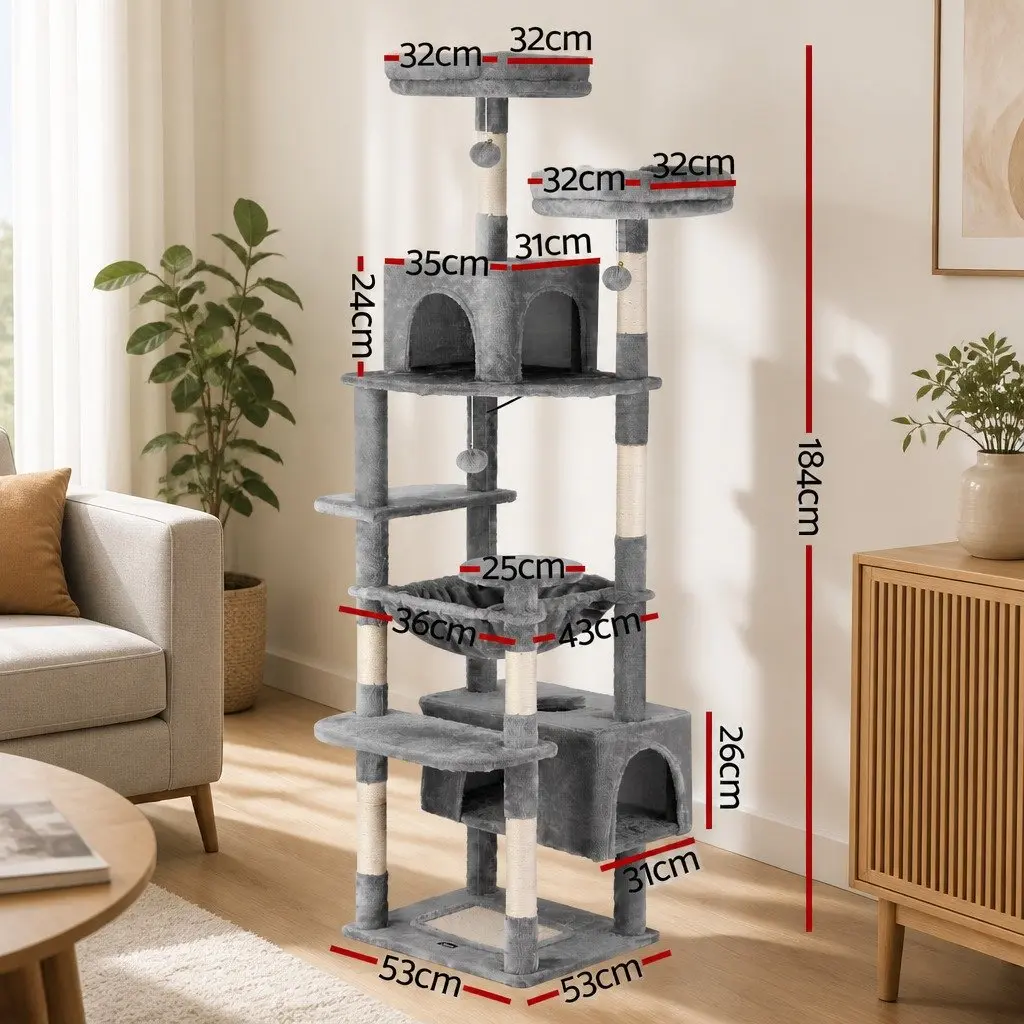 Cat Tree Light Grey 184cm Tall Multi-Level Scratching Post Tower with Plush Cover and Sisal Posts