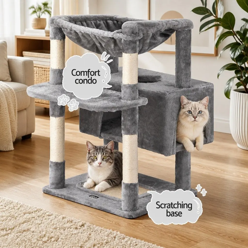 Cat Tree Light Grey 184cm Tall Multi-Level Scratching Post Tower with Plush Cover and Sisal Posts