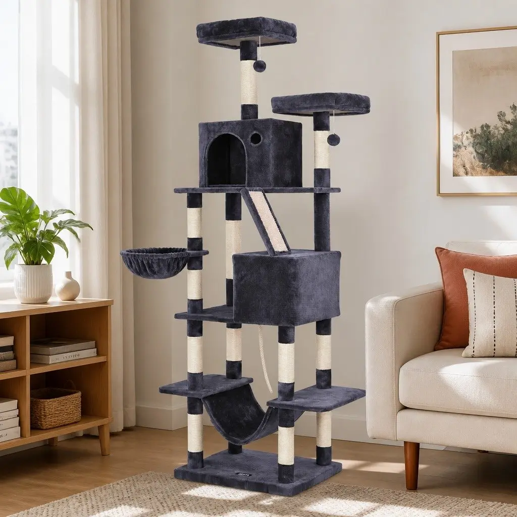 Cat Tree Tower Dark Grey 206cm Multi-Level Scratching Post with Plush Cover and Sisal Posts