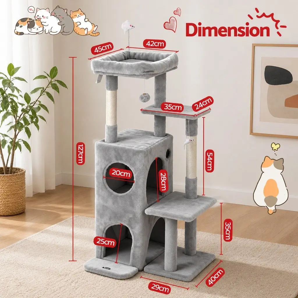 Cat Tree Light Grey 127cm Multi-Level Platforms Perches Scratching Post Hideouts