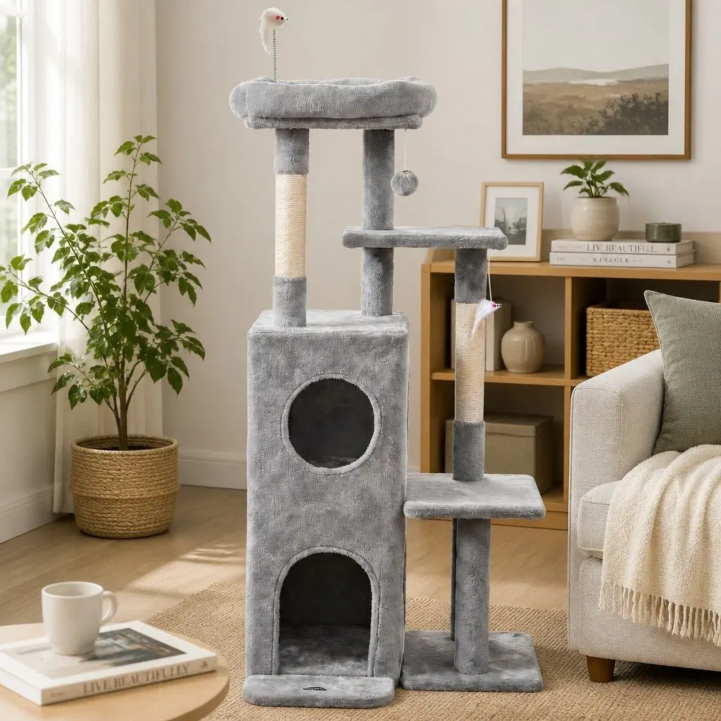 Cat Tree Light Grey 127cm Multi-Level Platforms Perches Scratching Post Hideouts