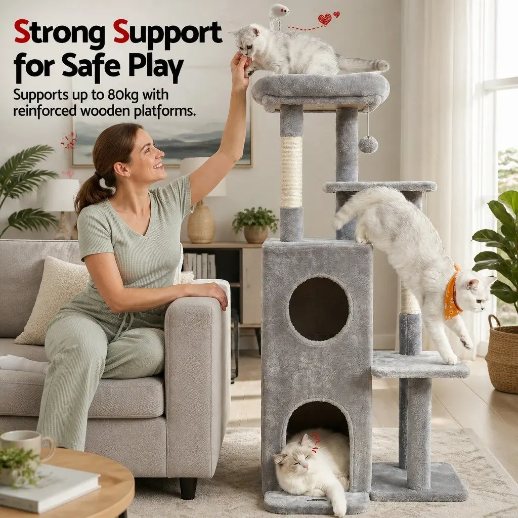 Cat Tree Light Grey 127cm Multi-Level Platforms Perches Scratching Post Hideouts