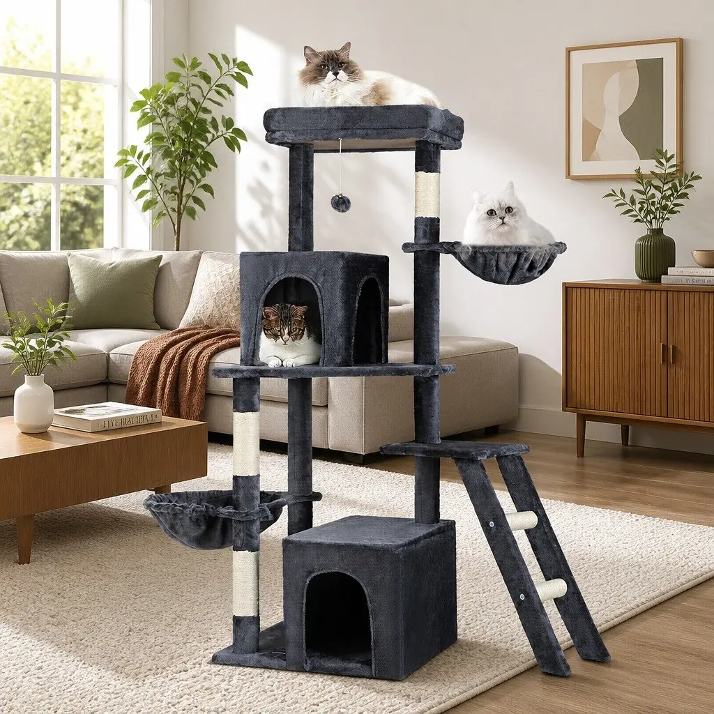 Cat Tree Tower Dark Grey 138cm Multi-Level Scratching Post Condo with Plush Velvet Cover and Natural Sisal Posts