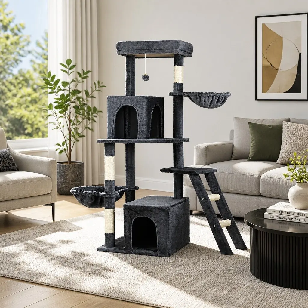 Cat Tree Tower Dark Grey 138cm Multi-Level Scratching Post Condo with Plush Velvet Cover and Natural Sisal Posts