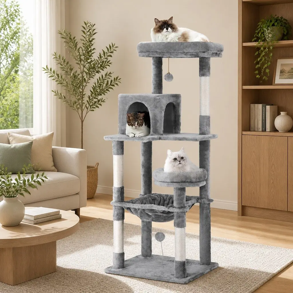 Cat Tree Tower Scratching Post Condo House 143cm Multi-Level Grey Wooden Pet