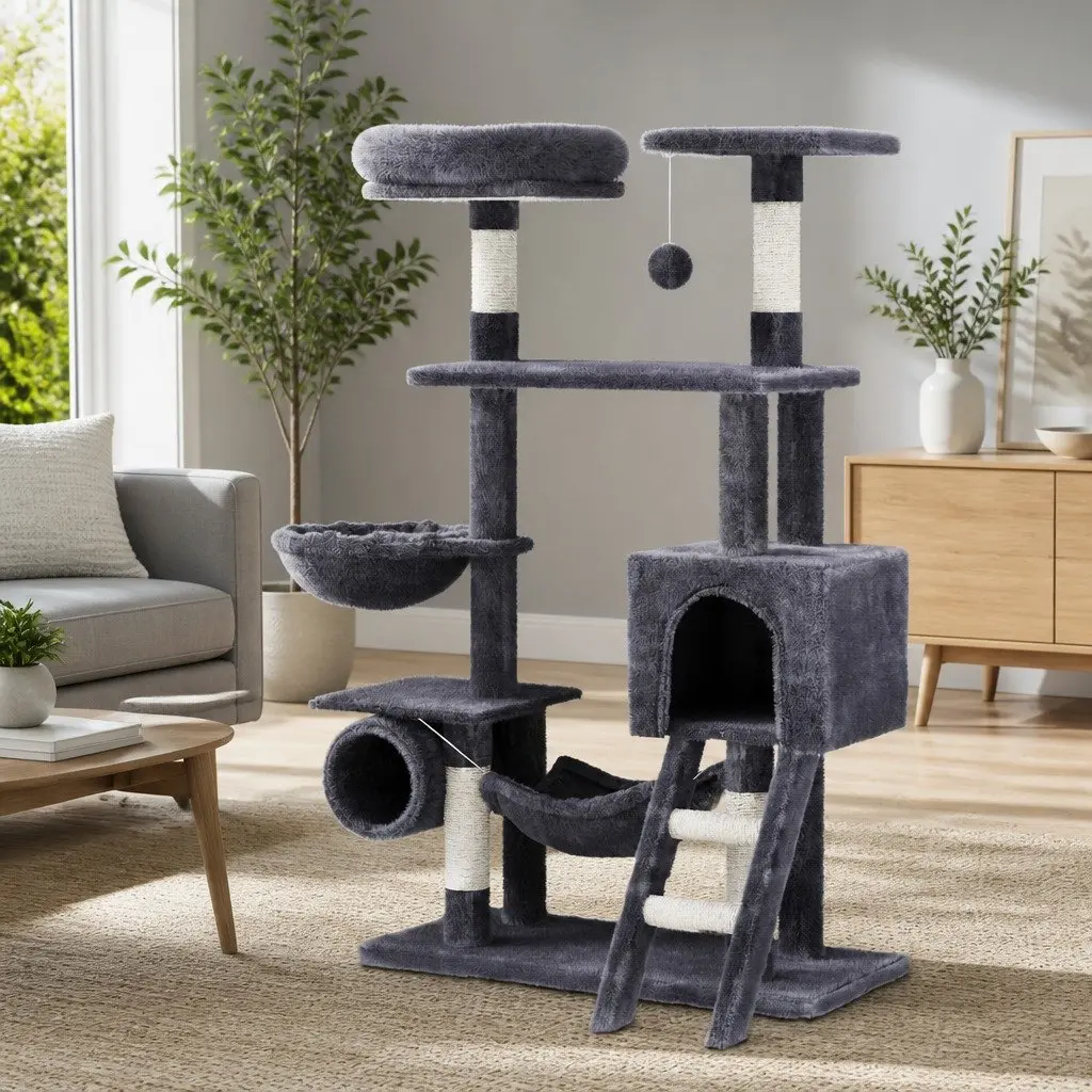 Cat Tree Tower 144cm Scratching Post Condo Bed House Multi-Level Grey Wood Toys