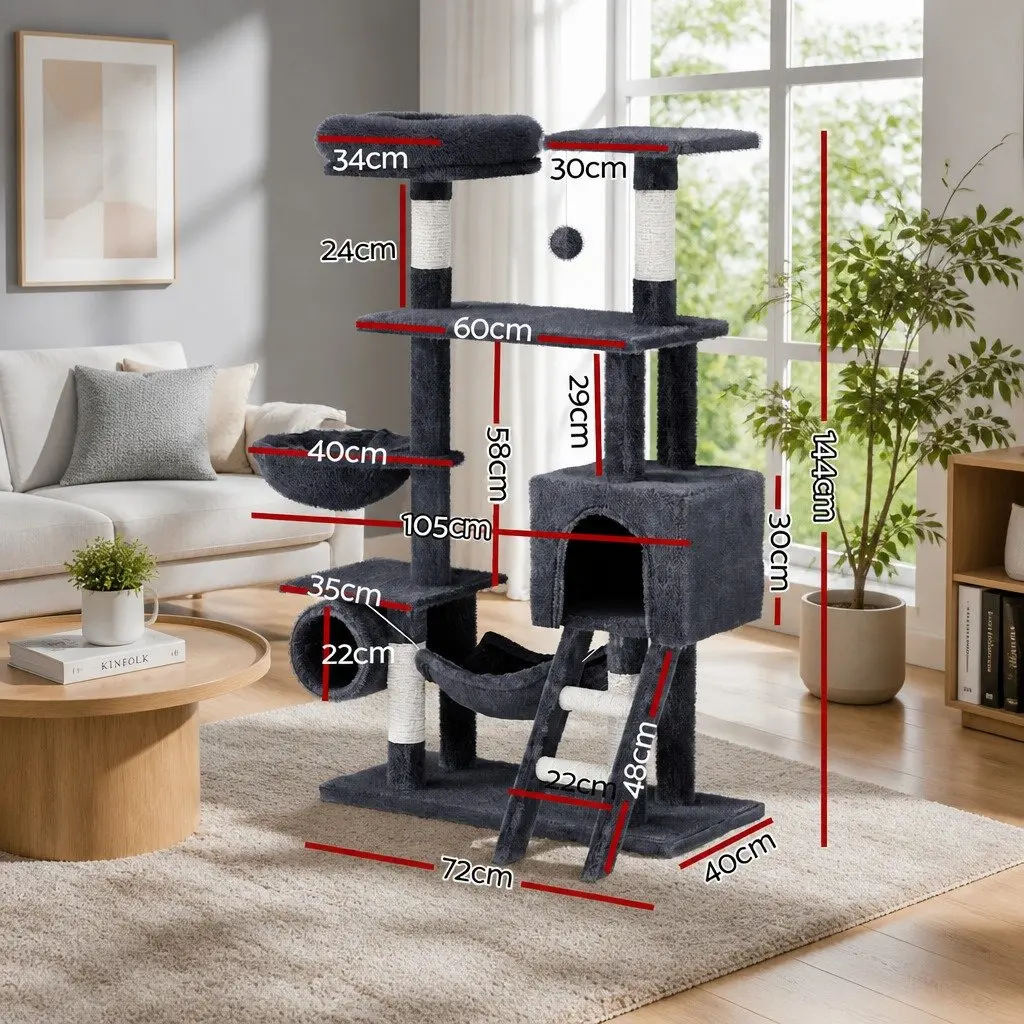 Cat Tree Tower Grey 144cm Multi-Level Scratching Post Condo Bed House