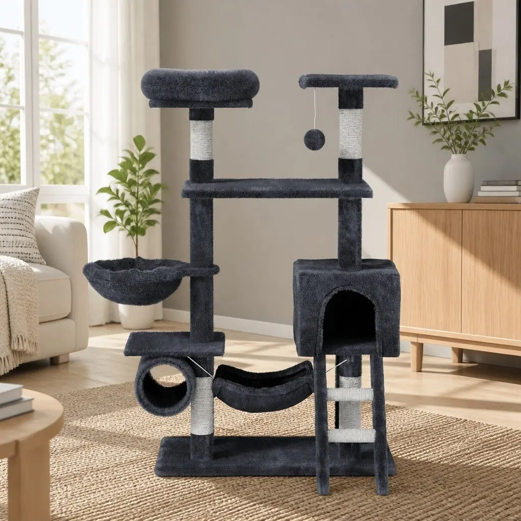 Cat Tree Tower Grey 144cm Multi-Level Scratching Post Condo Bed House
