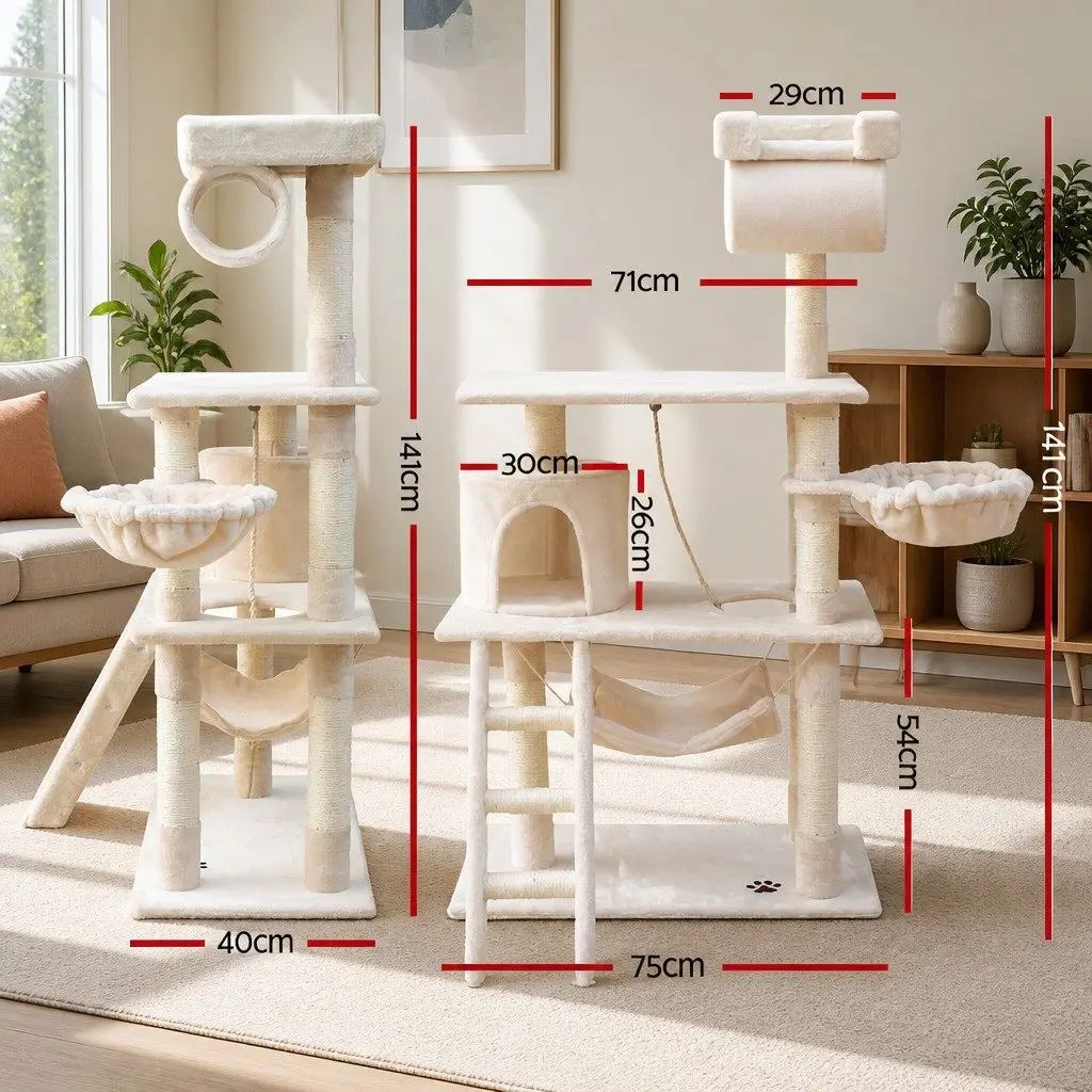 Cat Tree Beige 141cm Medium Scratching Post Tower Condo with Sisal Poles Plush Bed