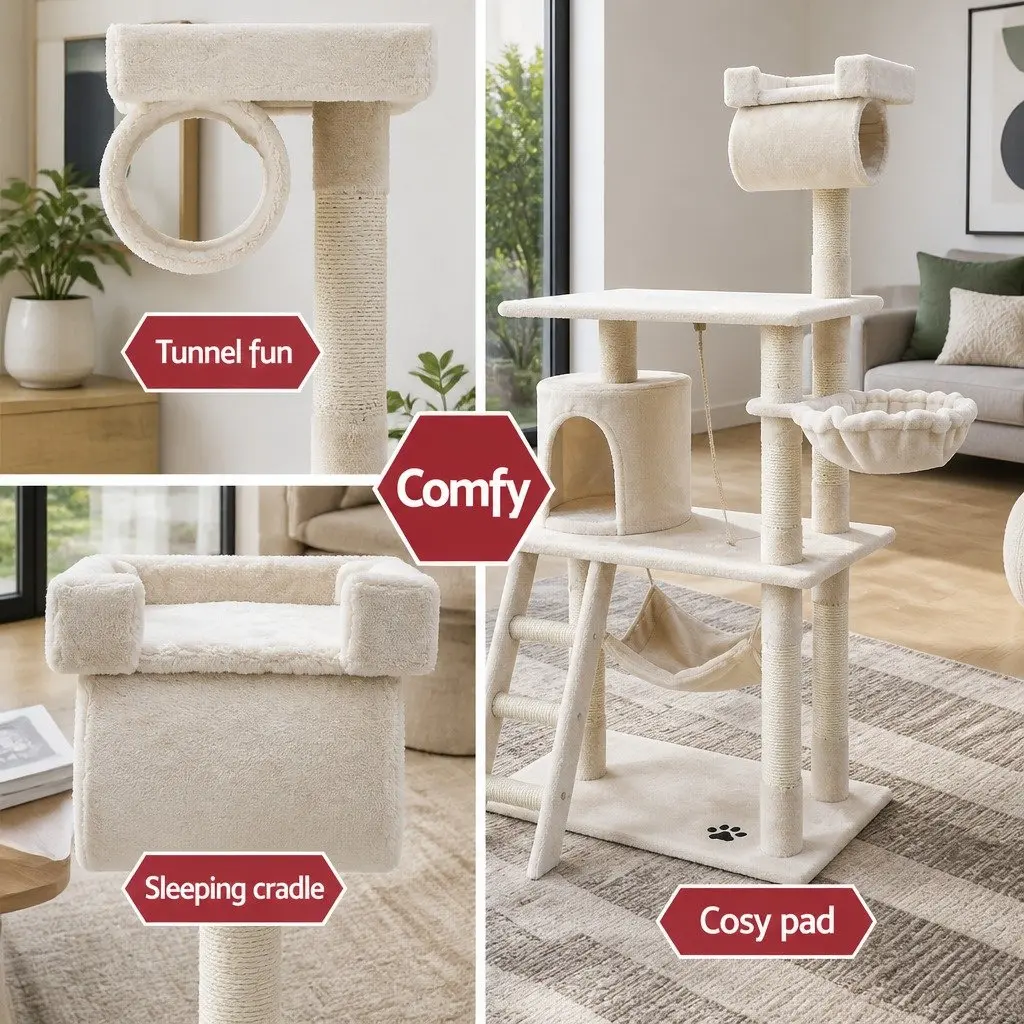 Cat Tree Beige 141cm Medium Scratching Post Tower Condo with Sisal Poles Plush Bed