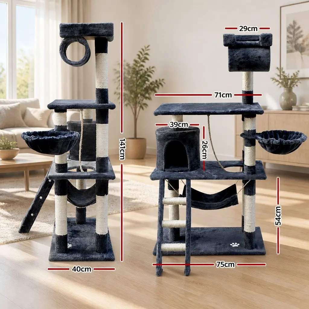 Cat Tree Tower Grey 141cm Multi-level Scratching Post Condo Perch Bed Plush Cover