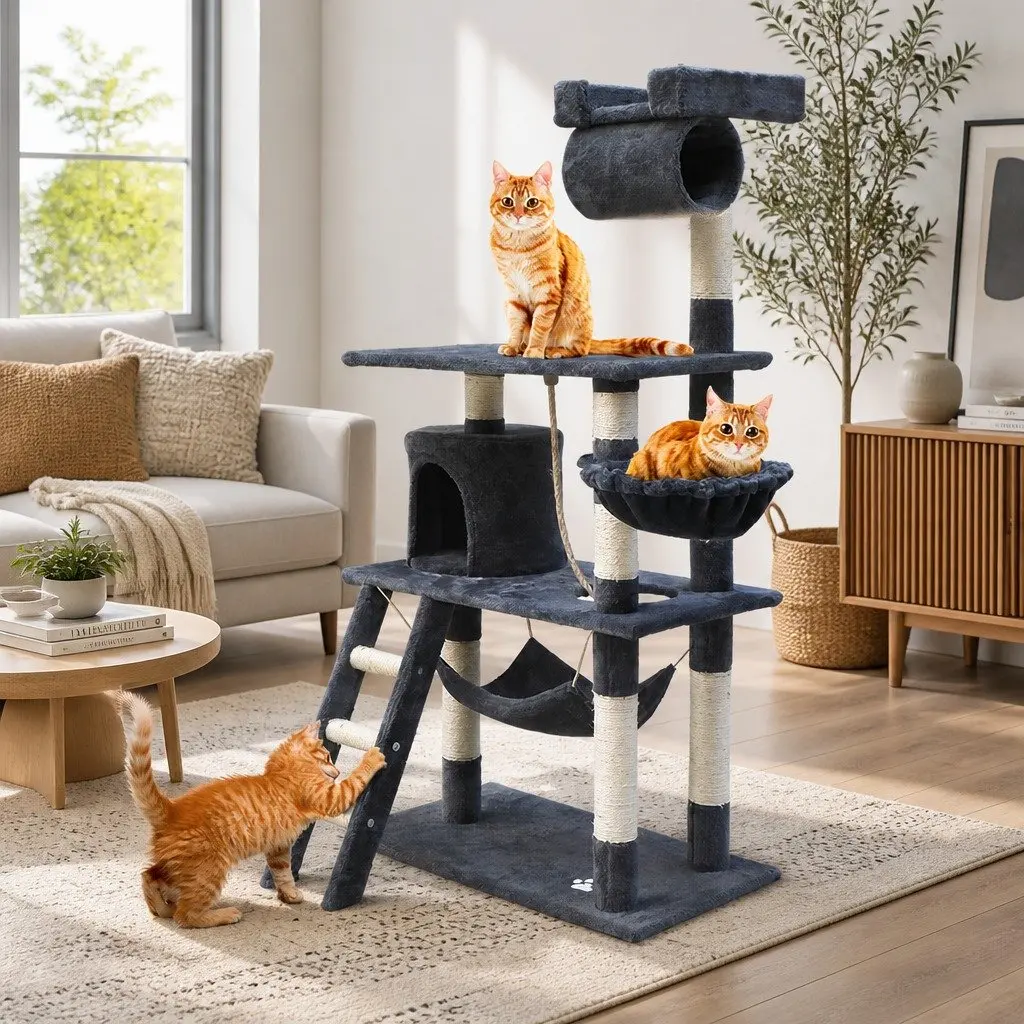Cat Tree Tower Grey 141cm Multi-level Scratching Post Condo Perch Bed Plush Cover