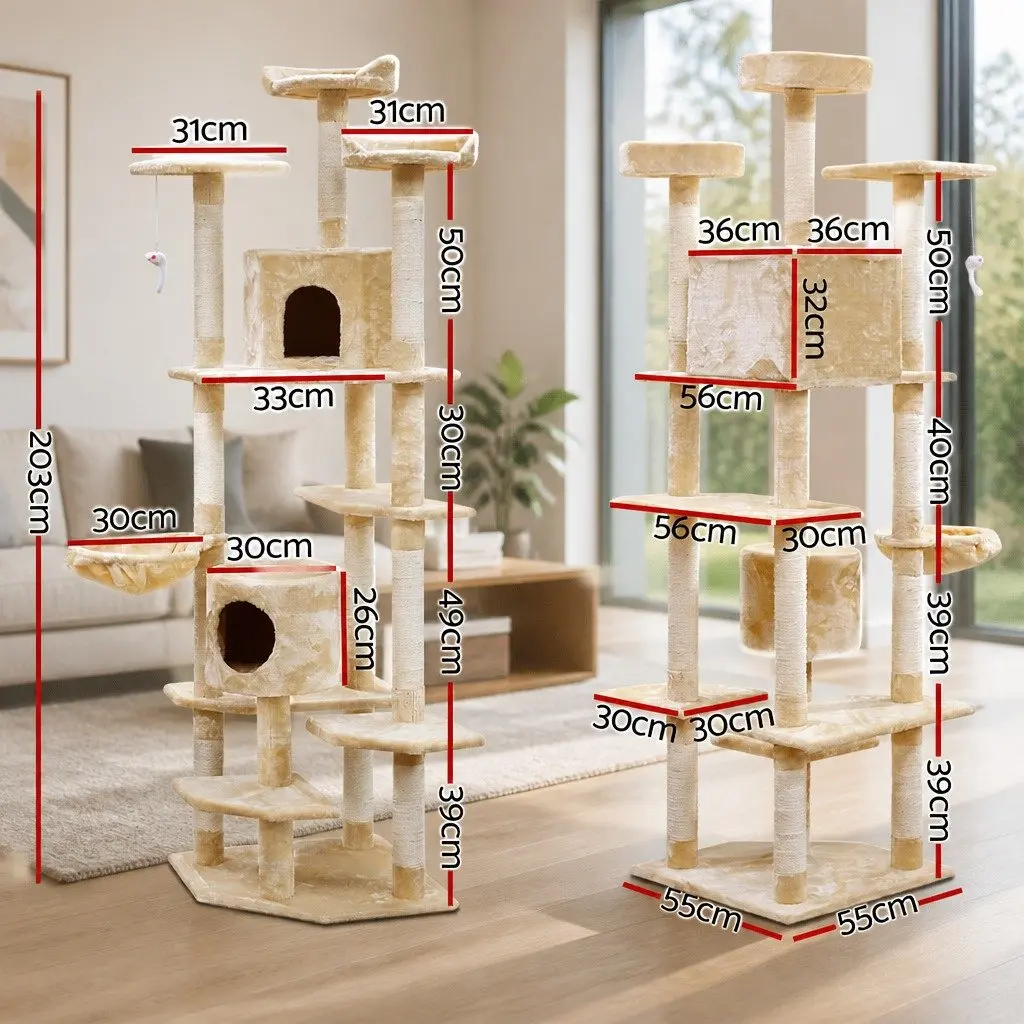 Cat Tree Beige 203cm Multi-Level Scratching Post with Hammock Perches and Bed Cubes