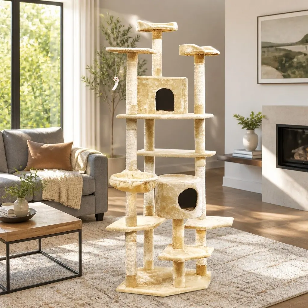 Cat Tree Beige 203cm Multi-Level Scratching Post with Hammock Perches and Bed Cubes
