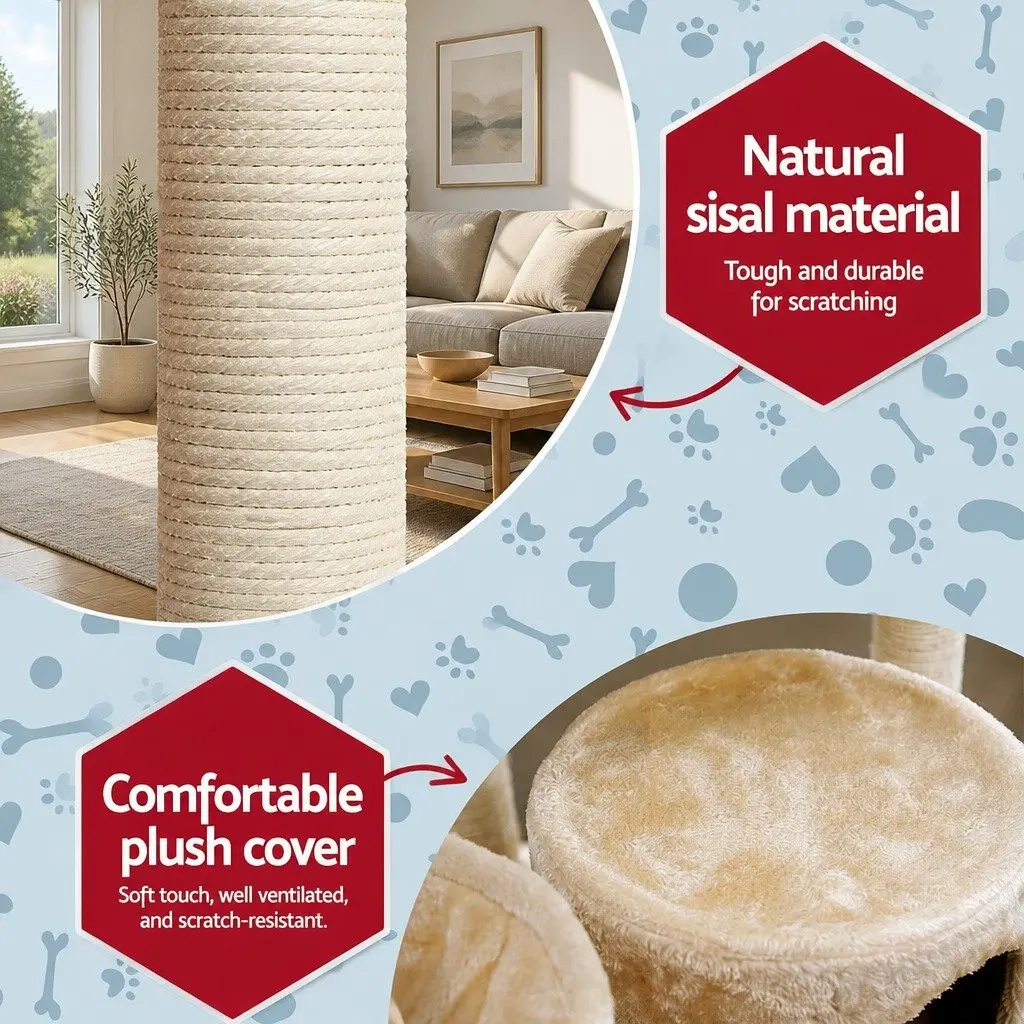 Cat Tree Beige 203cm Multi-Level Scratching Post with Hammock Perches and Bed Cubes