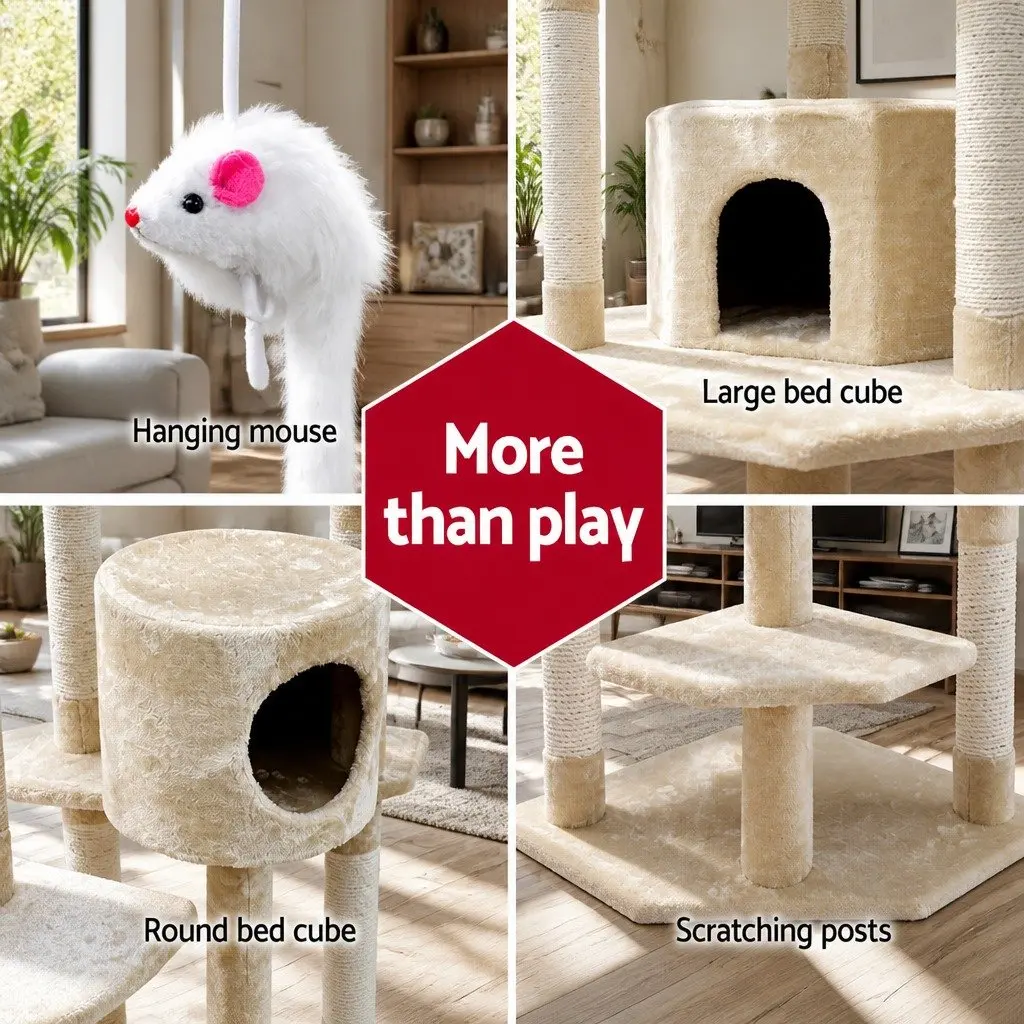 Cat Tree Beige 203cm Multi-Level Scratching Post with Hammock Perches and Bed Cubes
