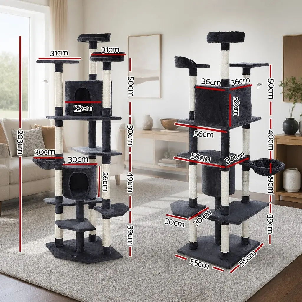 Cat Tree Grey 203cm Multi-Level Scratching Post Condo House Bed
